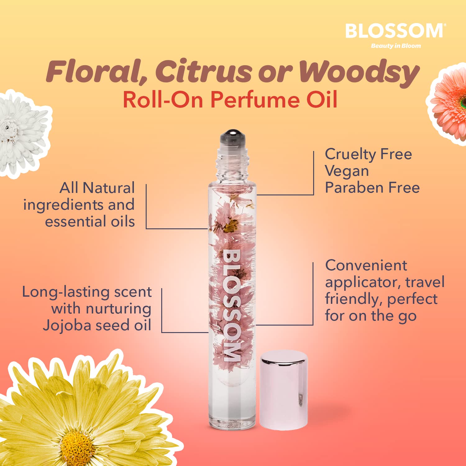 Blossom Hydrating, Scented Cuticle Oil + All Natural Rollerball Perfume Oil, Made in USA, Infused with Real Flowers, 2 Pack Bundle, Rose/Patchouli Rose