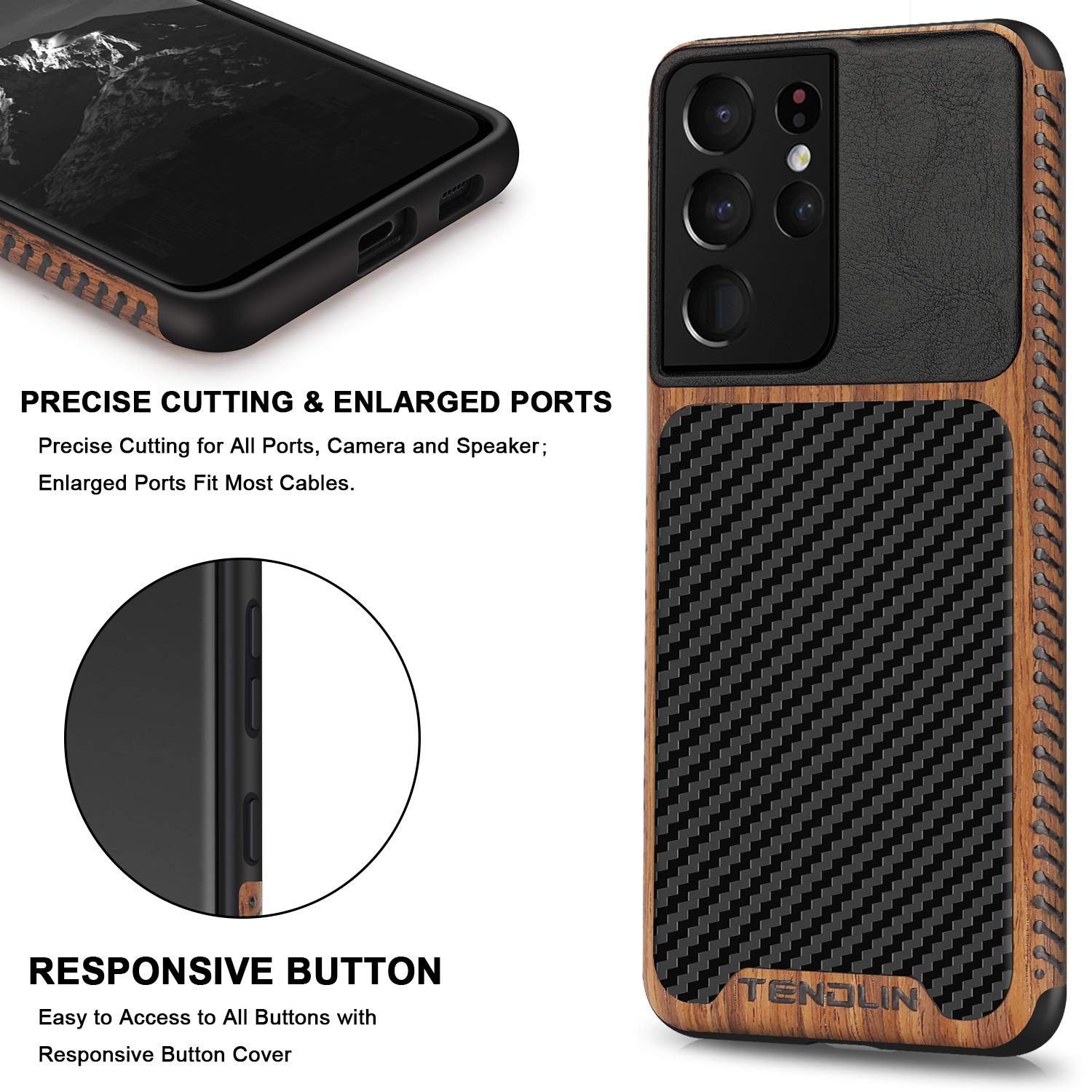 TENDLIN Compatible with Samsung Galaxy S21 Ultra Case Wood Grain with Carbon Fiber Texture Design Leather Hybrid Case (Black)