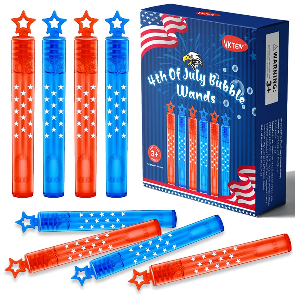 VKTEN 32Pcs 4th of July Mini Bubble Wands Patriotic Red White Blue Bubbles for Kids, Independence Day Party Favors Patriotic Decorations