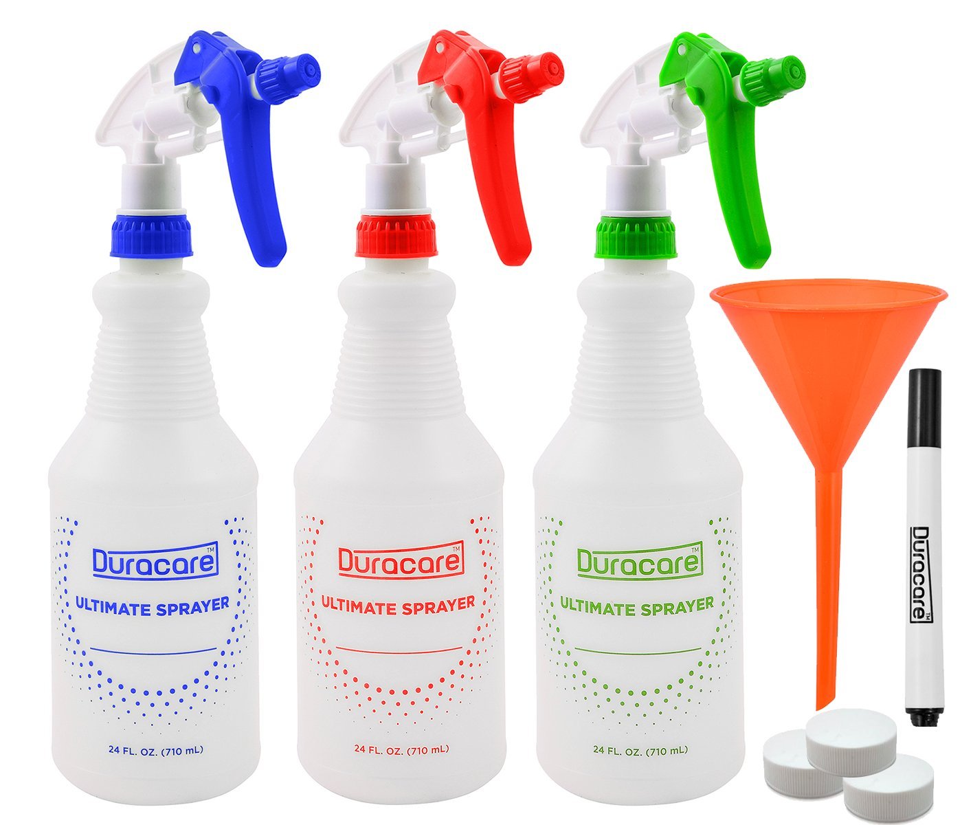 Duracare Plastic Heavy Duty Leak Free Trigger Spray Bottles with Adjustable Nozzle and Measurements - For All Purpose Cleaning Solutions, Plants, Mister, Household and Commercial Use (Set of 3, 24oz)