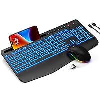 Wireless Keyboard and Mouse Combo with 7 Colored Backlits, Wrist Rest, Rechargeable Ergonomic Keyboard with Phone Holder, Silent Lighted Full Size Combo for Windows, Mac, PC, Laptop-Trueque (Black)