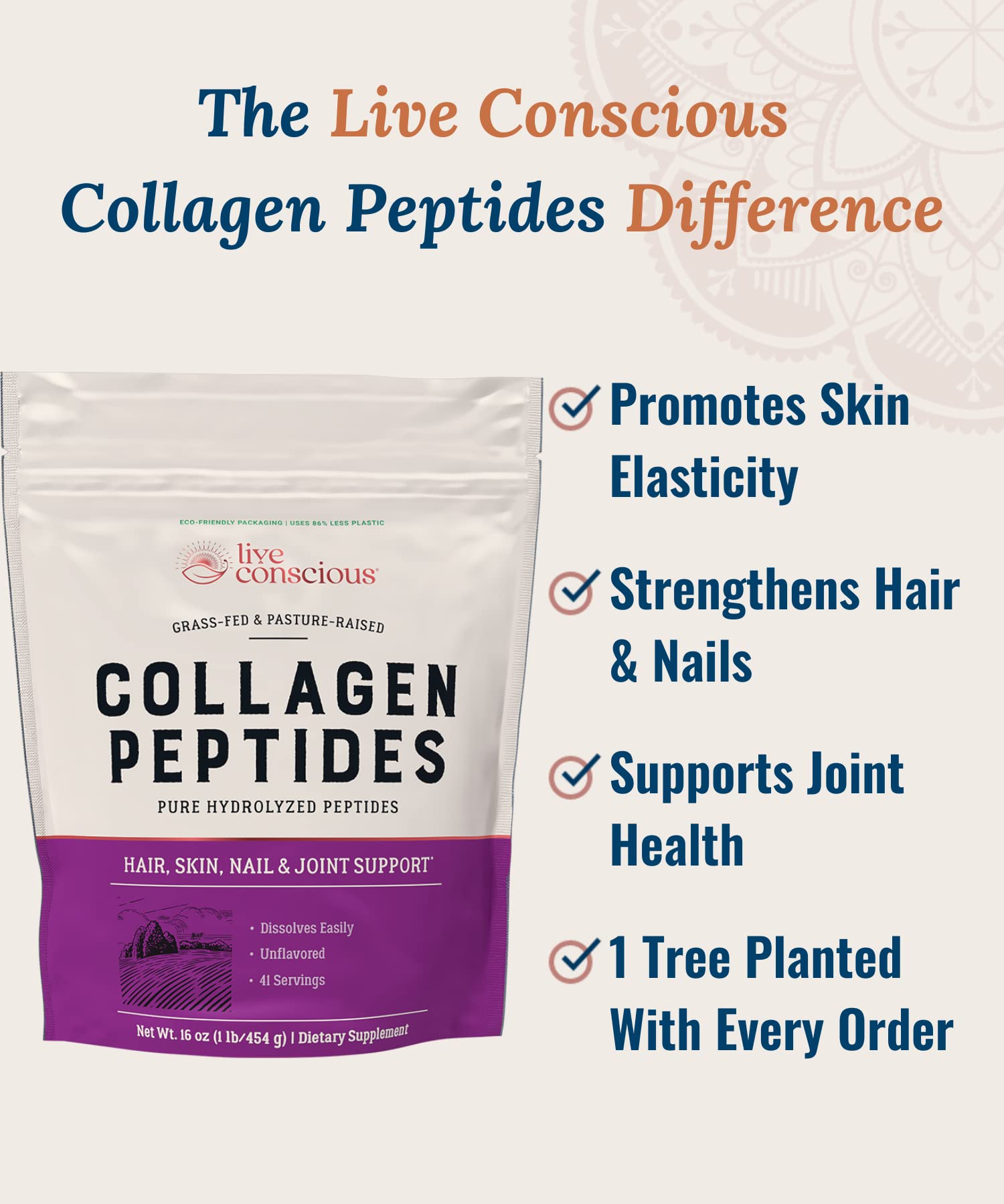 Live Conscious Collagen Peptides Powder Unflavored Hair, Skin, Nail, & Joint Support - Type I & III Grass-Fed Collagen Supplements for Women & Men - 41 Servings - 16oz