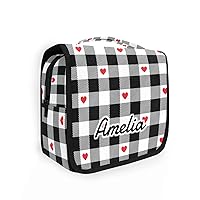 Valentine‘s Day Heart Buffalo Plaid Custom Name Hanging Toiletry Bag Personalized Makeup Cosmetic Bag Cosmetic Case Bag Large Capacity Travel Toiletry Organizer for Brush Toiletries Storage