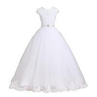 Tulle Lace Flower Girl Dress White, First Communion Dress for Girls Princess Wedding Pageant Dresses, Girls Ball Gown