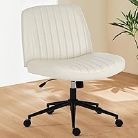 Sweetcrispy Criss Cross Office Chair with Wheels, Wide Armless Home Office Desk Chair with Dual-Purpose Base, Swivel Adjustable Leather Task Vanity Computer Chair, Cream