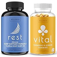 WellPath Rest Valerian Root Sleep Aid for Adults with Melatonin & L-Theanine - Natural Sleep Support Extra Strength and Vital Turmeric Gummies + Ginger - Joint Support Curcumin Supplement, 60Ct
