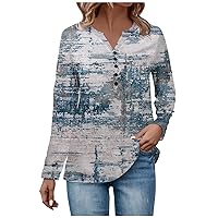 Workout Tops for Women Button Up V Neck Oversized Tshirts Long Sleeves Print Casual Blouses Sweaters for Women