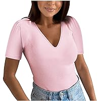 Womens Sexy Deep V Neck Ribbed Tops Fashion Puff Sleeve Tunic Shirts Summer Casual Slim Fit Solid Color Blouses