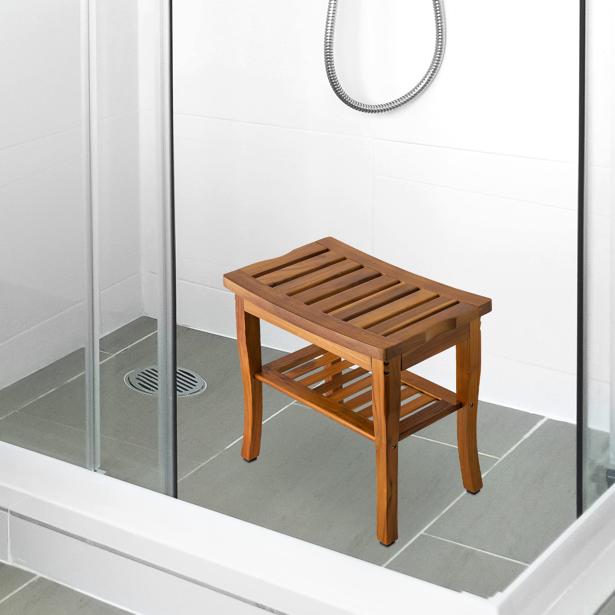 VaeFae Teak Shower Bench, Spa Bath Shower Stool with Storage Shelf, Wooden Seat Stool for Bathroom