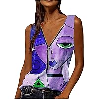 Figure Face Print Loose Fit Long Vests for Women Fall Summer Sleeveless Vneck Cami Tank Tops Vest Women 2024