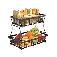 Apsan 2 Tier Countertop Fruit Basket for Kitchen, Detachable Metal Organizer for Bread Vegetable Fruits, Large Capacity Rectangular Storage Stand Bowls, Black