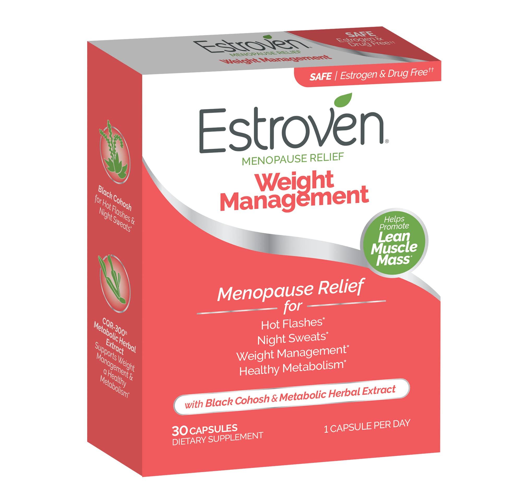 Estroven Weight Management for Menopause Relief - 30 Ct. - Clinically Proven Ingredients Help Manage Weight, Provide Night Sweats & Hot Flash Relief - Drug-Free & Gluten-Free Caplets