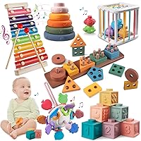 Montessori Baby Toys for 1+ Year Old - Sorting Stacking Learning Toys 6 to 12 Months, Wooden Building Blocks, Xylophone Musical, Infant Teethers Toys for Babies, 6 in 1 Toy Gifts for Toddlers