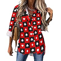 Playing Cards Squares Casual Irregular Hem Shirt for Women Long Sleeve Blouse Tops Button Down V Neck Tees