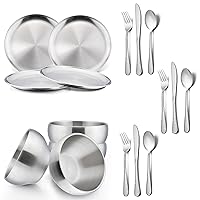 HaWare Toddler Utensils Set, Stainless Steel Kids Plates and Bowls Sets, 17-Piece Kids Dinnerware Set Includes Plate, Bowl and Silverware, Unbreakable Utenisl for Party, Picnic, Dishwasher Safe