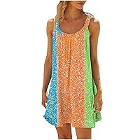 Summer Sundress for Women 2024 Fashion Glitter Graphic Dress Sleeve Scoop Neck Tshirt Tank Dress Vintage Travel Wear