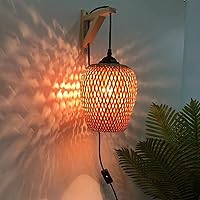 Farmhouse Bamboo Plug in Wall Sconces Light Fixture for Bedroom, Living Room, Strawberry Lampshade and Wooden Triangular Mounting Base Hanging Wall Lamp, Vintage Rustic Wall Decor(Without Bulbs)