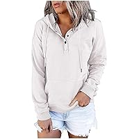 Women's Fashion Hoodies & Sweatshirts Solid Button Hooded Sweatshirt V Neck Casual Basic Drawstring Pullover Fall Tops