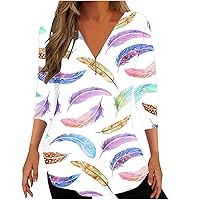 Women Fashion V-Neck 3/4 Sleeves Tops Oversized T Shirt Feather Printed Casual Loose Basic Tops Dressy Blouses