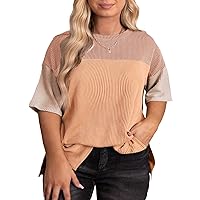 Eytino Womens Plus Size Tunic Tops Crewneck Short Sleeve Color Block Pullover Shirts (1X-5X)