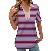 Short Sleeve Shirts for Women V Neck Polo Spring Tops 2024 Fashion Summer Country Tunic Blouse Striped Outfits Clothes