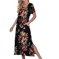 Women's Bohemian Round Neck Trendy Casual Summer Short Sleeve Long Floor Maxi Flowy Beach Swing Dress Print Red