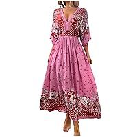 Women Deep V Neck Maxi Dress Ethnic Style Half Sleeve High Waist A-Line Dress Summer Floral Print Retro Beach Dress