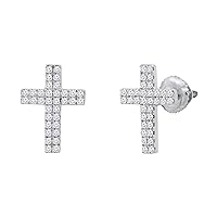 Round White Diamond Double Row Religious Cross Unisex Stud Earrings (0.19 Ctw, Color I-J, Clarity I2-I3) in 925 Sterling Silver in Screw Back