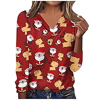 Women's Christmas Tops Fashion Long Sleeve T Shirt V Neck Shirt Button Print Casual Tops Shirt, S-3XL