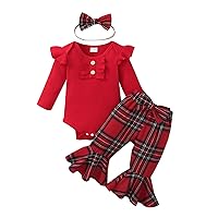 fhutpw Newborn Baby Girl Clothes Infant Rib Frill Long Sleeve Romper Flared Pants Headband Set 3pcs Fall Winter Outfits