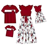 PATPAT Matching Family Outfits Mother and Daughter Floral Printed Ruffle Cuffs Dresses and Short Sleeve T Shirts Set
