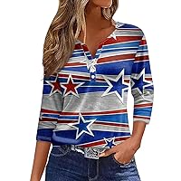 Womens Tops Summer Casual 3/4 Length Sleeve V Neck Loose Shirts 4Th July Outfit American Flag T-Shirt Blouses