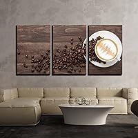 wall26 - 3 Piece Canvas Wall Art - Coffee Cup and Coffee Beans on Wooden Background. Top View. - Modern Home Art Stretched and Framed Ready to Hang - 24