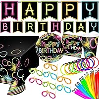Neon Birthday Party Supplies Kit Tableware for 16 includes Glow Sticks, Bracelets and Glow Eyeglasses for Everyone