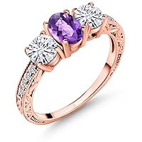 Gem Stone King 18K Rose Gold Plated Silver 3-Stone Ring Oval/Checkerboard Purple Amethyst and Moissanite (1.87 Cttw)