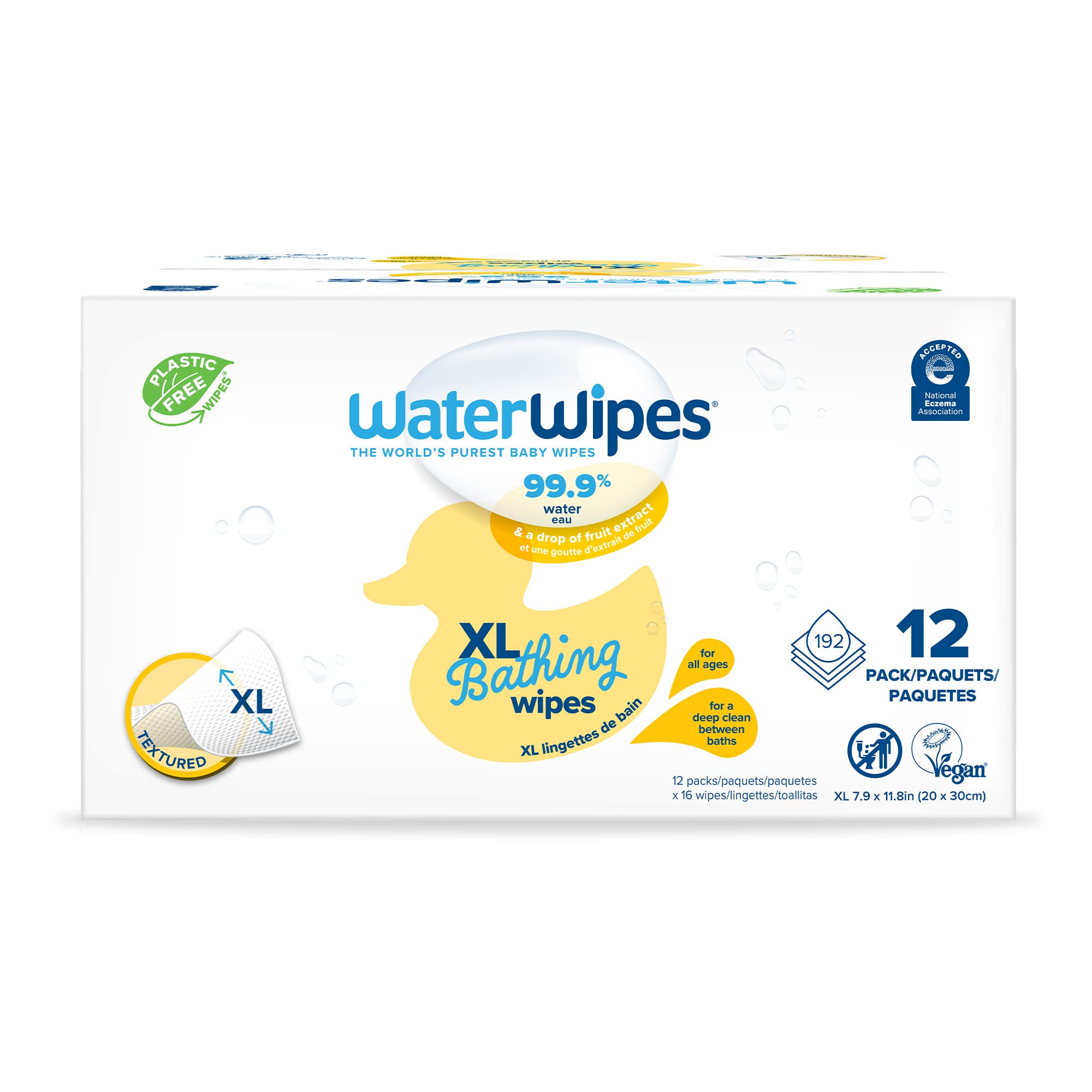 WaterWipes Plastic-Free, Rinse-Free, XL Bathing Wipes, 99.9% Water Based Wipes, Unscented & Hypoallergenic for Sensitive Skin, 192 Count (12 packs), Packaging May Vary