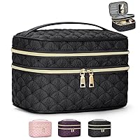 IGOLUMON Travel Makeup Bag Double Layer Make Up Bag Portable Large Cosmetic Bag Wide-open Toiletry Bag for Women Roomy Cosmetic Case Pouch Multifunction Organizer Storage Bag, Black