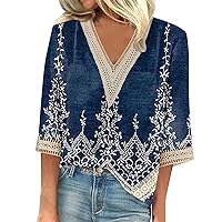 Spring Tops for Women 2024 Lace 3/4 Sleeve T-shirts Floral Loose Fit Tees V Neck Fashion Casual Lightweight Tunic