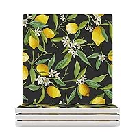 Lemon Flower Ceramic Coaster with Cork Backing Absorbent Drink Coaster for Wooden Table Square 3.7 Inches 4PCS