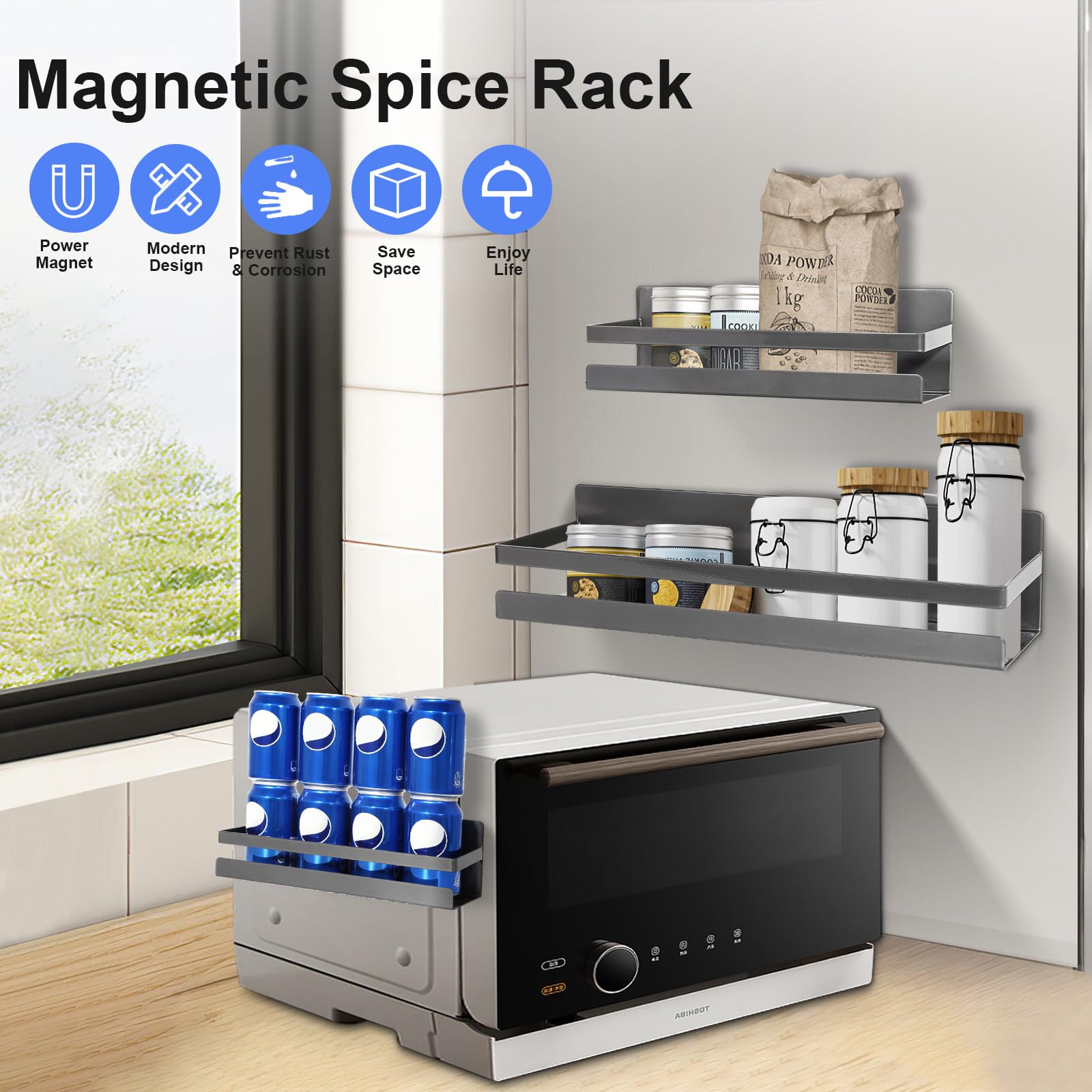 Uten Large Magnetic Spice Rack for Refrigerator, 2 Pack Strong Magnetic Shelves, Magnetic Shelf Moveable Fridge Organizer for Kitchen Holding Spices, Jars, Perfect Space Saver Storage Spice Rack
