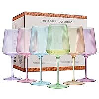 Ripple Bright Colored Wine Glasses - Set of 6 Ribbed Crystal Fluted Big Long Stemmed Glasses Gift Hosting, Wife, Mom Friend - Large 19 oz Glass, Italian Style Tall Drinkware, Red & White Glassware