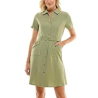 Sharagano Women's Button-up Shirt Dress with Belt and Angled Front Pockets