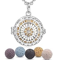 INFUSEU Aromatherapy Necklace, Essential Oil Diffuser Pendant Silver Plated Anxiety Locket Jewellery for Women with 5 PCS Lava Rock Stones and 24