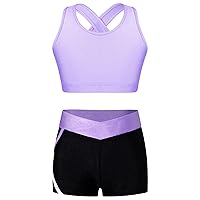 TiaoBug Kids Girls Crop Tank Tops and Shorts Set Two Pieces Dance Sports Set Gymnastics Yoga Workout Outfits Activewear Lavender 6 Years