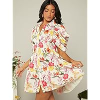 Women's Dress Floral Print Puff Sleeve Ruffle Hem Smock Dress Dress for Women (Color : Multicolor, Size : Small)