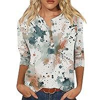 3/4 Length Sleeve Womens Tops Summer 3/4 Length Sleeve Womens Tops 2024 Casual Trendy Print Loose Fit with Henry Collar Oversized Tunic Shirts Light Gray Medium