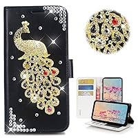 STENES Bling Wallet Case Compatible with Samsung Galaxy S10 Plus - STYLISH - 3D Handmade Crystal Peacock Magnetic Wallet Design Leather Cover Case - Black