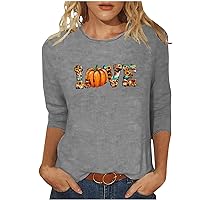 Halloween Pumpkin T-Shirt for Women Fall Tops Vintage 3/4 Sleeve Graphic Tees Shirts Plus Size Casual Dressy Blouse
