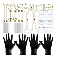 58PCS Body Piercing Kit Surgical Steel 14G 16G BCR CBR Labret Lip Rings Cartilage Daith Earrings Belly Button Rings Nose Septum Piercing Jewelry Needles Gloves Clamps Tools, Gold