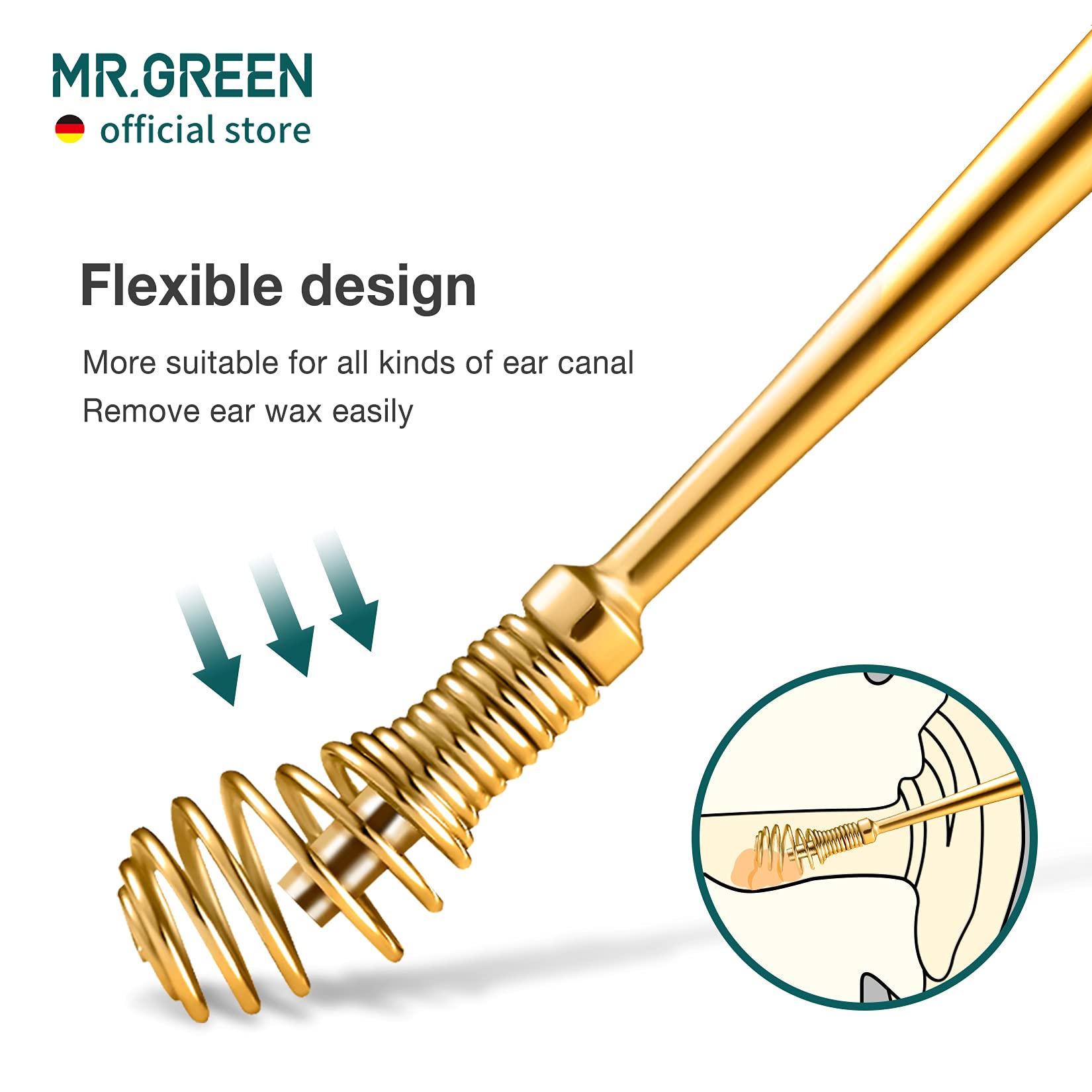 MR.GREEN Ear Wax Removal 360° Spiral Massage Ear Pick Ear Canal Cleaner Stainless Steel Flexible Design Ear Care Tools (Golden)